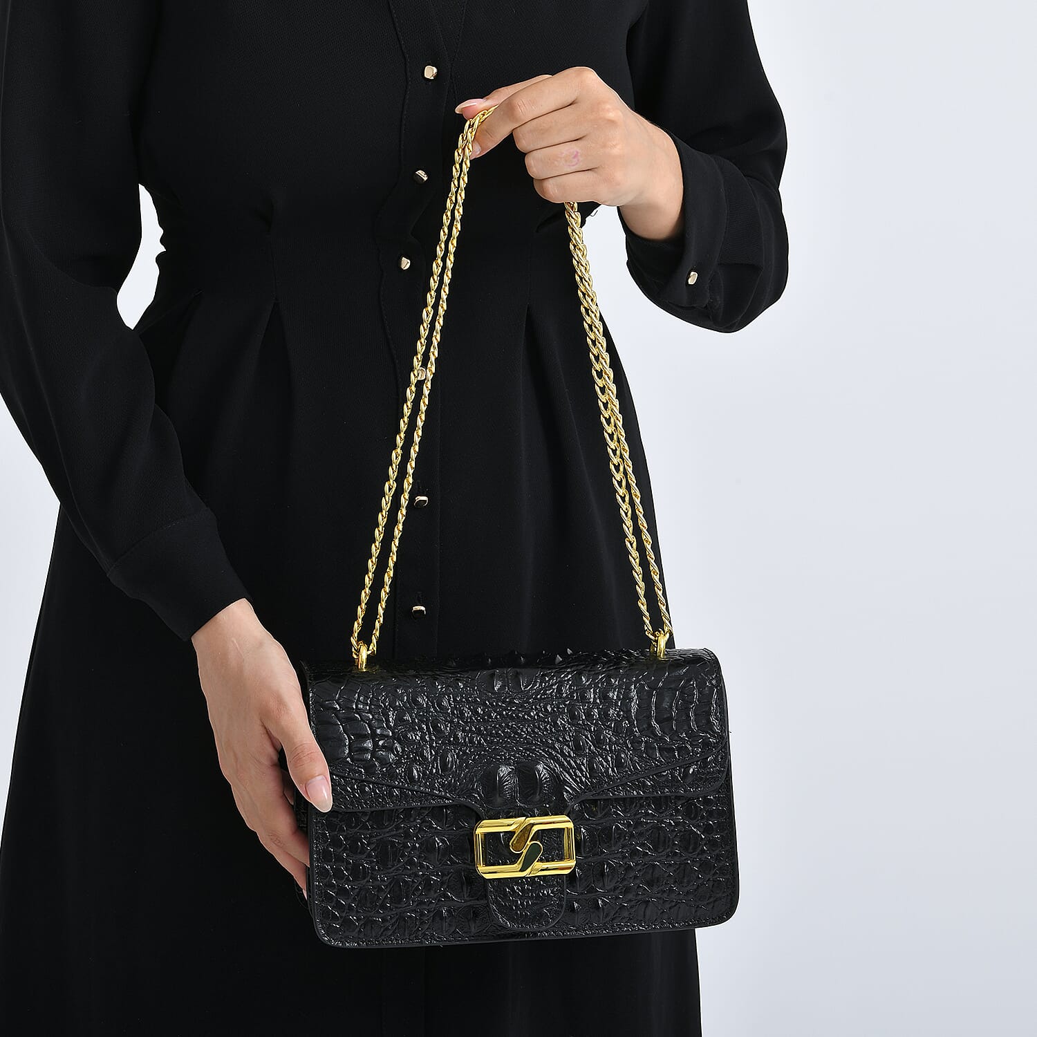 La Marey Genuine Leather Crossbody Bag with Chain Strap (120 cm) - Black