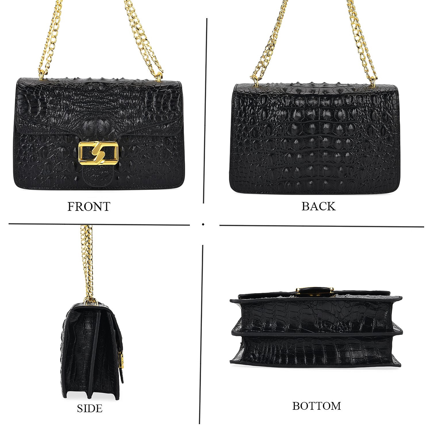 La Marey Genuine Leather Crossbody Bag with Chain Strap (120 cm) - Black