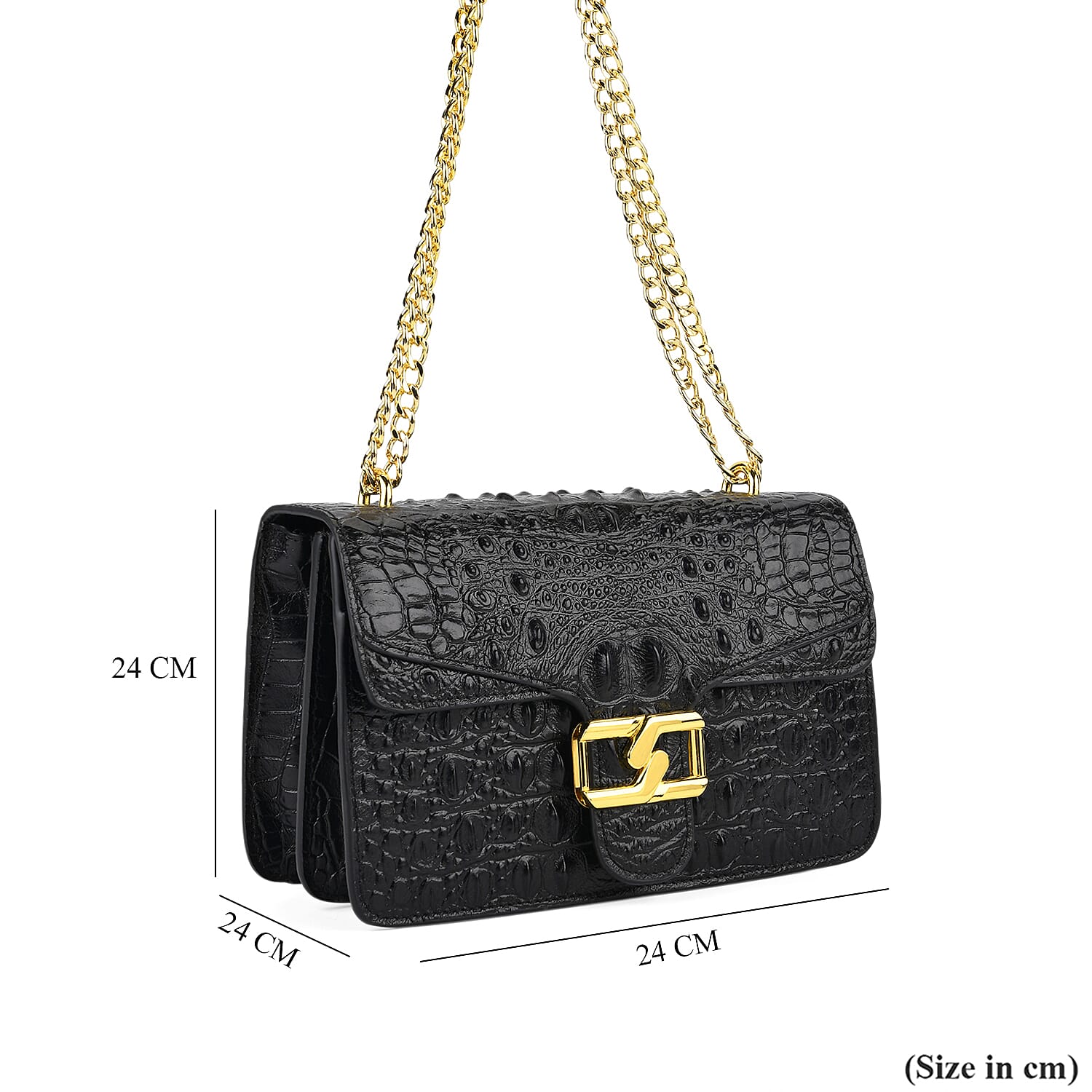 La Marey Genuine Leather Crossbody Bag with Chain Strap (120 cm) - Black