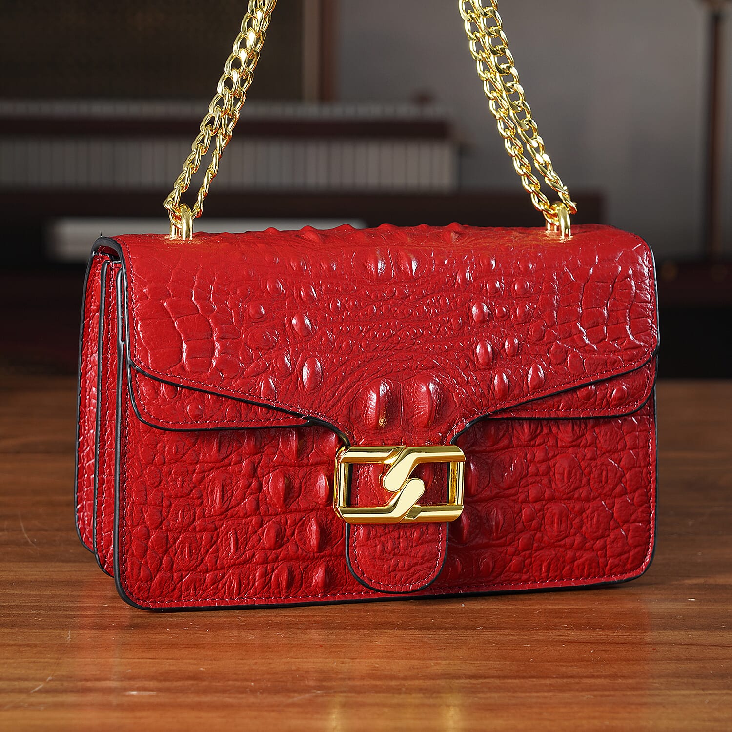 La Marey Genuine Leather Crossbody Bag with Chain Strap (120 cm) - Burgundy