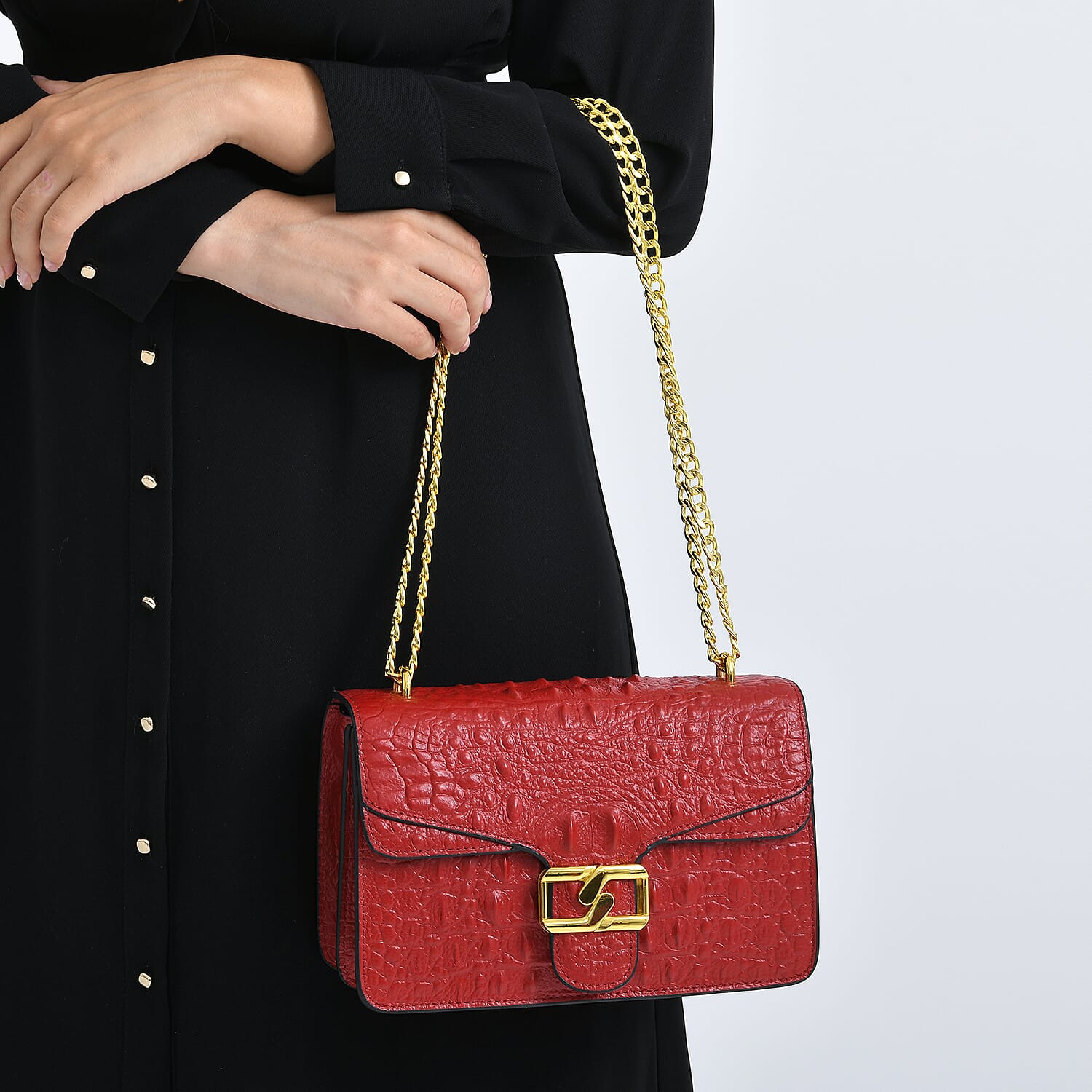 La Marey Genuine Leather Crossbody Bag with Chain Strap (120 cm) - Burgundy