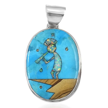 Santa Fe Collection 10 Ct. Blue Turquoise Kokopelli Pendant in Sterling Silver
