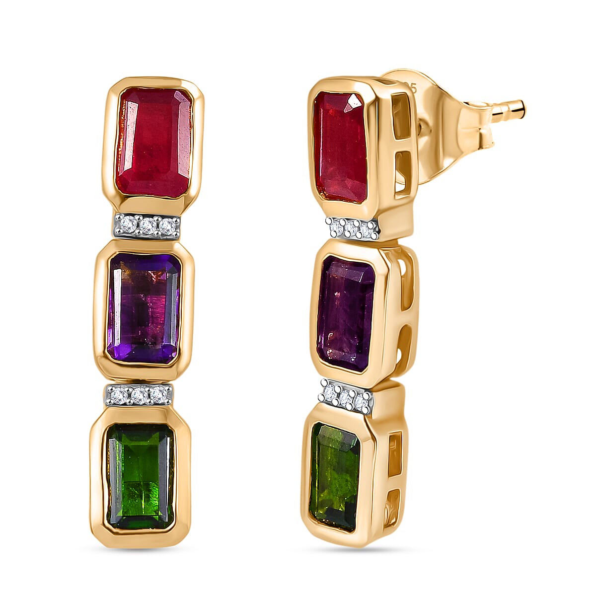 D'joy African Amethyst & White Zircon Dangling Earring in 18K Vermeil Yellow Gold Plated Sterling Silver 4.04 Ct.