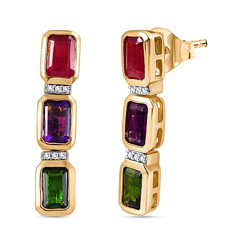 D'joy African Amethyst & White Zircon Dangling Earring in 18K Vermeil Yellow Gold Plated Sterling Silver 4.04 Ct.
