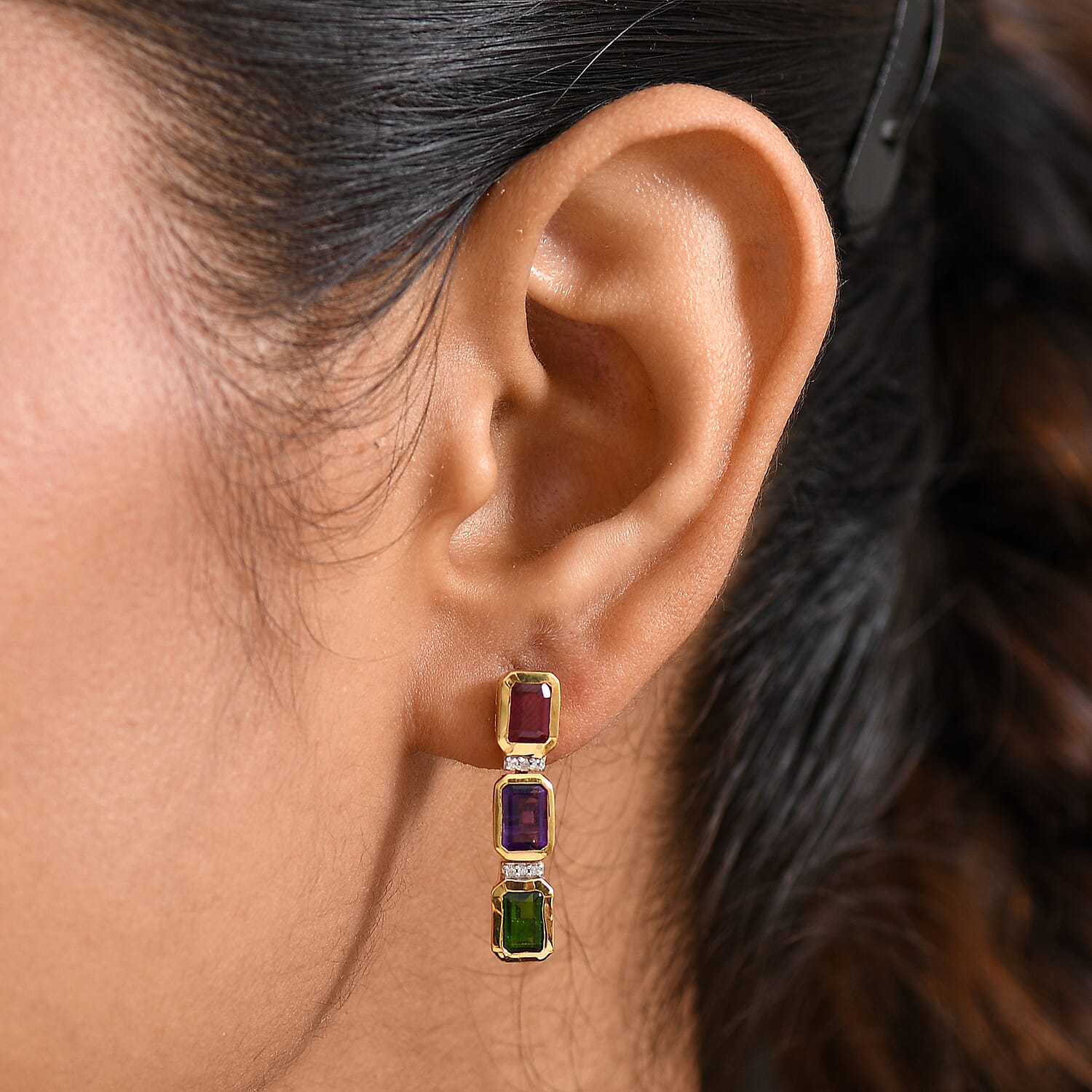 D'joy African Amethyst & White Zircon Dangling Earring in 18K Vermeil Yellow Gold Plated Sterling Silver 4.04 Ct.