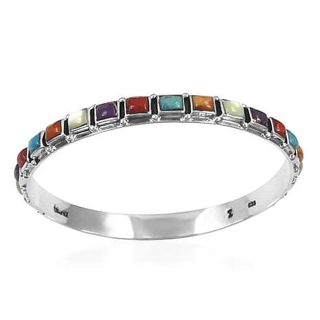 Santa Fe Collection - Multi Gemstones Bangle (Size - 7.75) Sterling Silver 6.20 Ct, Silver Wt. 17.00 Gms.