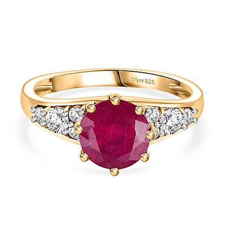 African Ruby, Moissanite Main Stone With Side Stone Ring in 18K YG PlatingSterling Silver  3.299  Ct.