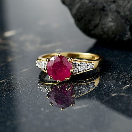 African Ruby, Moissanite Main Stone With Side Stone Ring in 18K YG PlatingSterling Silver  3.299  Ct.