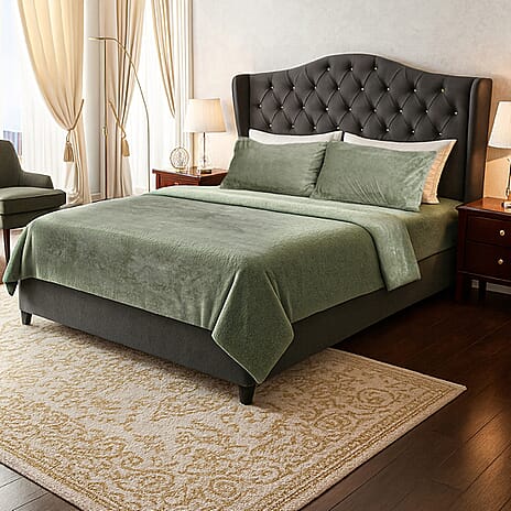 Hush Haven 4 Piece Luxury Teddy Fleece Duvet Cover Set - Inc. 1 Duvet Cover, 1 Fitted Sheet with 2 Pillowcases (Double) - Green