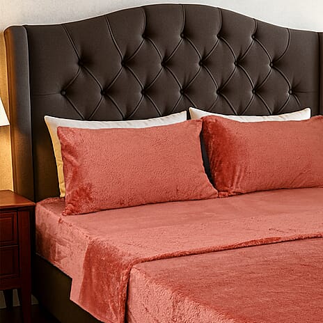 Hush Haven 4 Piece Luxury Teddy Fleece Duvet Cover Set - Inc. 1 Duvet Cover, 1 Fitted Sheet with 2 Pillowcases (King) - Orange