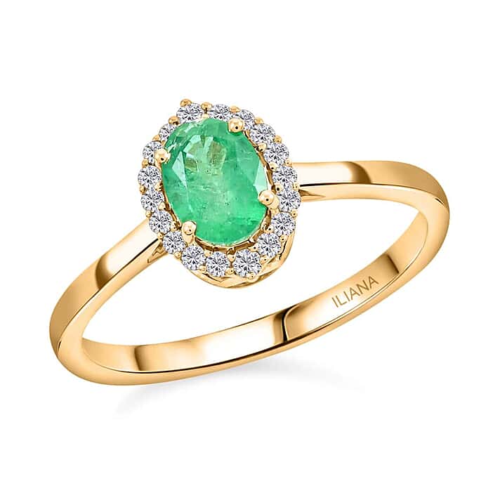 Certified & Appraised LUXORO 14K Yellow Gold AAA Zambian Emerald, White Diamond I2 Halo Ring, 1 Ct.