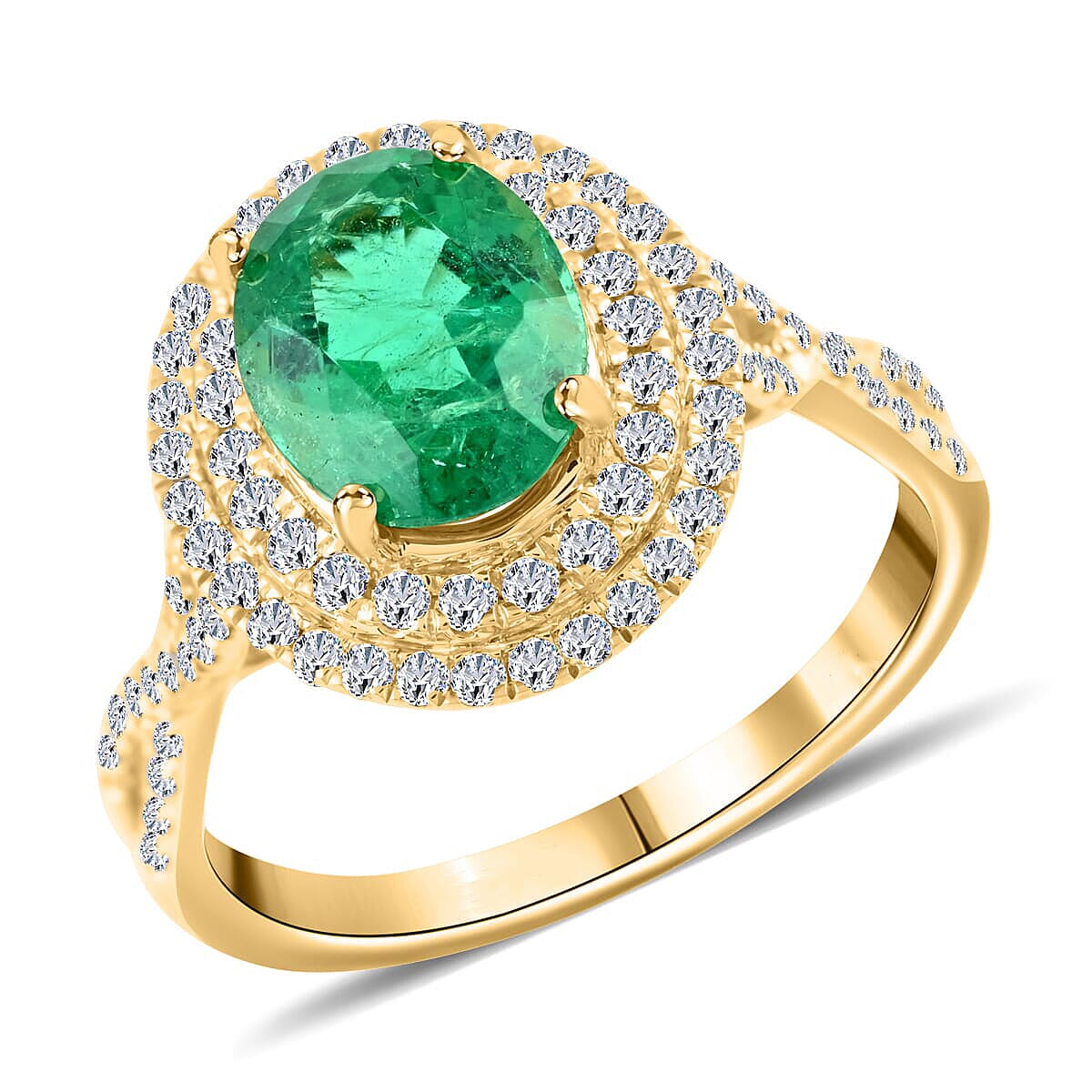 Luxoro 14K Yellow Gold AAA Zambian Emerald, White Diamond I2 Ring, Gold Wt.3.44 Gms  2.300  Ct.