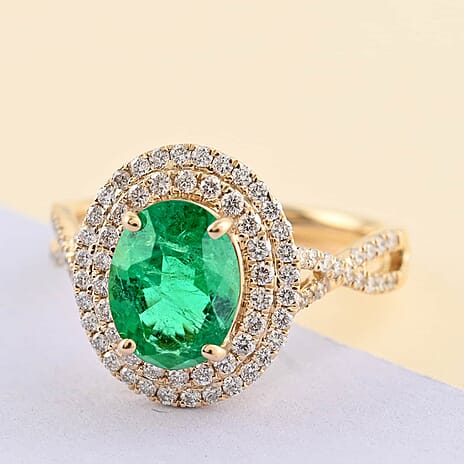Luxoro 14K Yellow Gold AAA Zambian Emerald, White Diamond I2 Ring, Gold Wt.3.44 Gms  2.300  Ct.