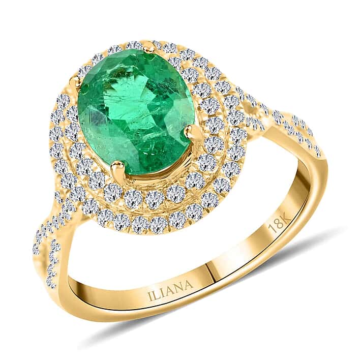 Certified & Appraised LUXORO 14K Yellow Gold AAA Zambian Emerald, White Diamond I2 Double Halo Ring, 2.30 Ct.