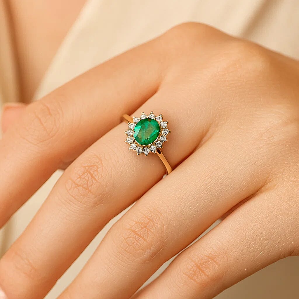 Luxoro 14K Yellow Gold AAA Zambian Emerald, White Diamond I2 Ring, Gold Wt.3.89 Gms  2.180  Ct.