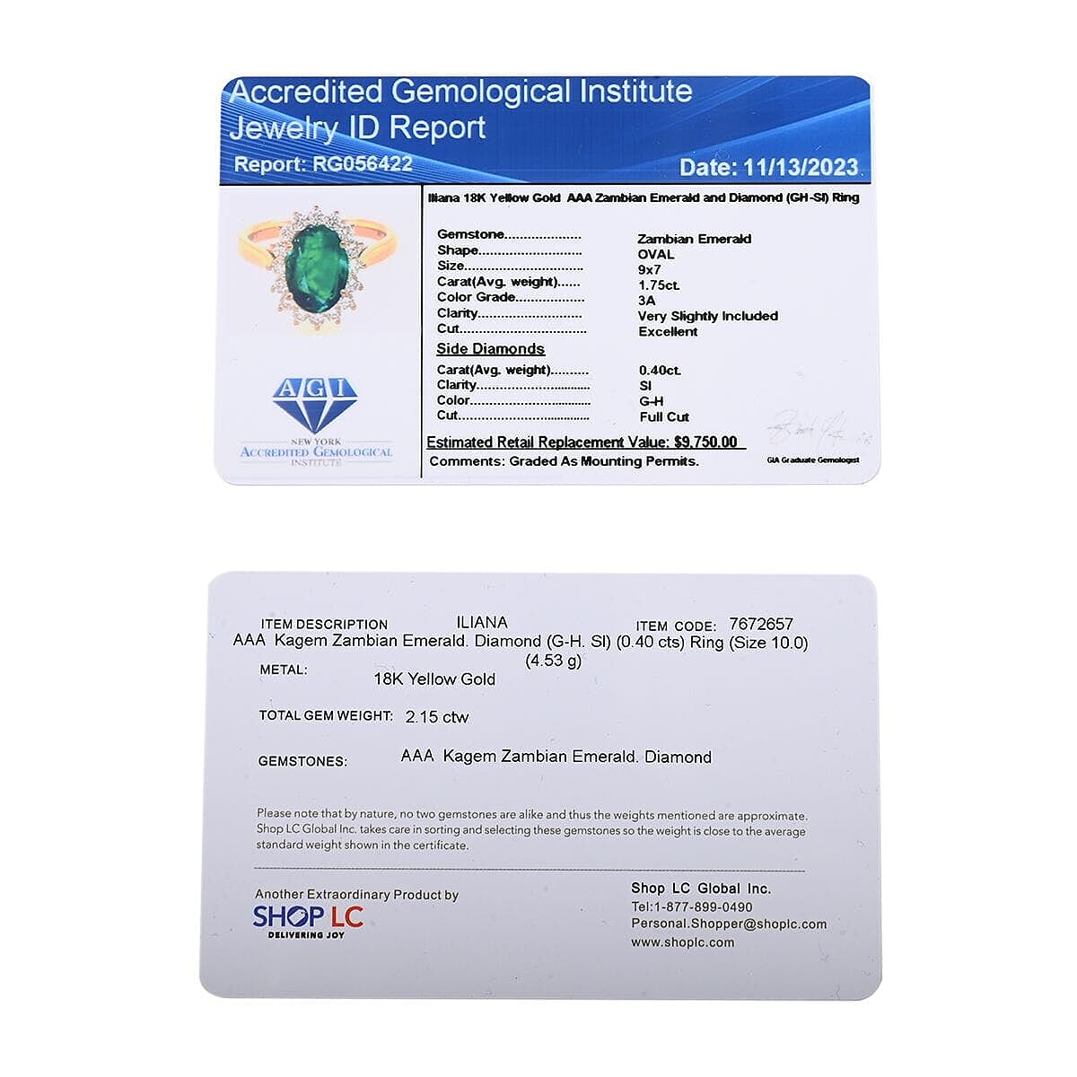 Luxoro 14K Yellow Gold AAA Zambian Emerald, White Diamond I2 Ring, Gold Wt.3.89 Gms  2.180  Ct.