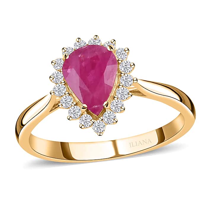 Certified & Appraised LUXORO 14K Yellow Gold AAA Mozambique Ruby, White Diamond Halo Ring 1.38 Ct.