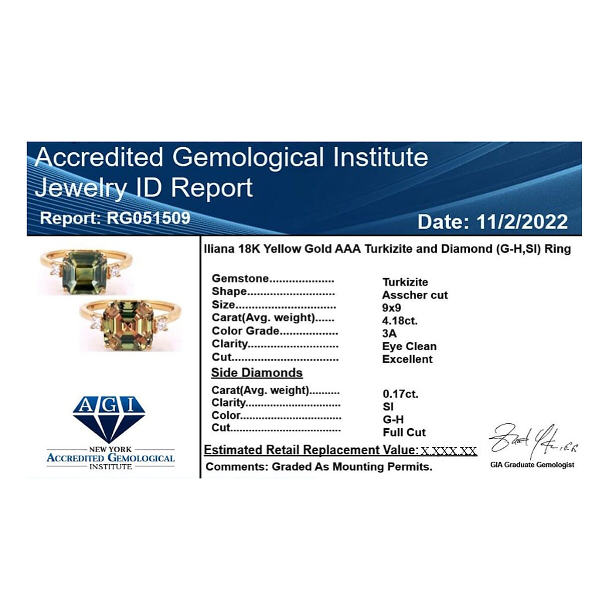 Luxoro 14K Yellow Gold AAA Turkizite, White Diamond I2 Ring, Gold Wt.2.97 Gms 4.350 Ct. Luxoro 14K Yellow Gold AAA Turkizite, White Diamond I2 Ring, Gold Wt.2.97 Gms 4.350 Ct.