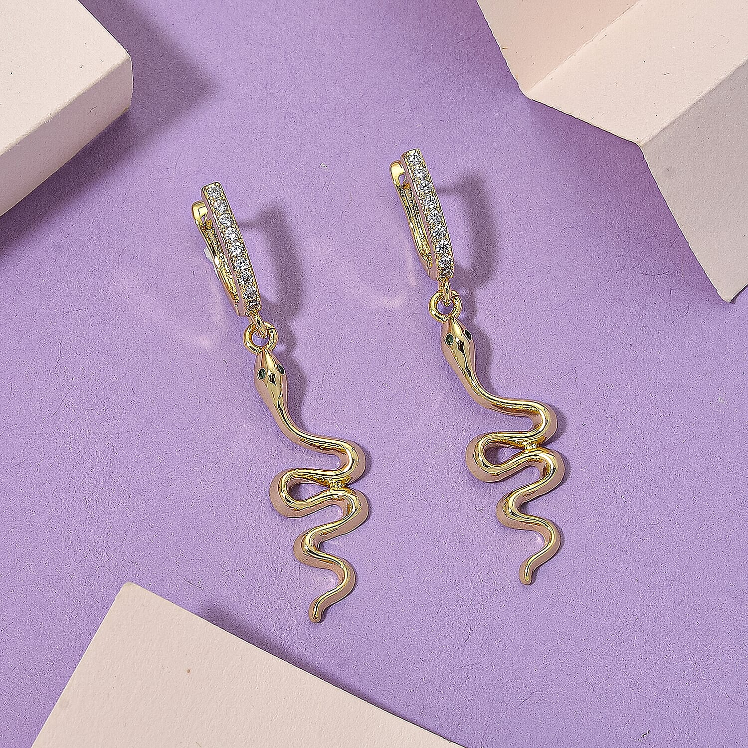 Biacco Collection - Austrian White Crystal Serpent Earrings with Clasp in Yellow Gold Plated