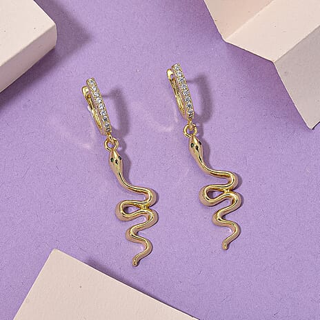 Biacco Collection - Austrian White Crystal Serpent Earrings with Clasp in Yellow Gold Plated