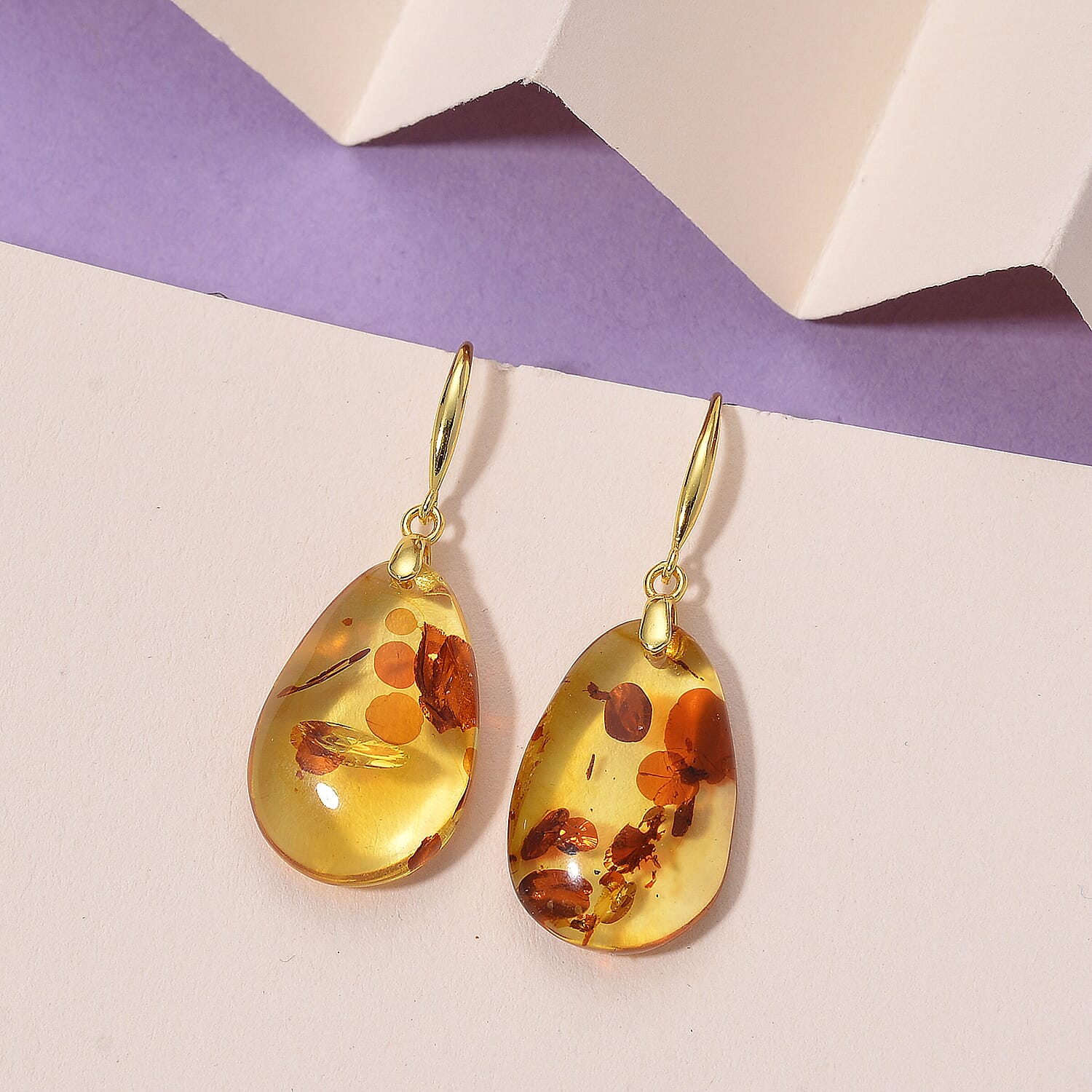 D'joy Amber Earring with Hook in Yellow Gold Plating Sterling Silver 6.85 Ct.