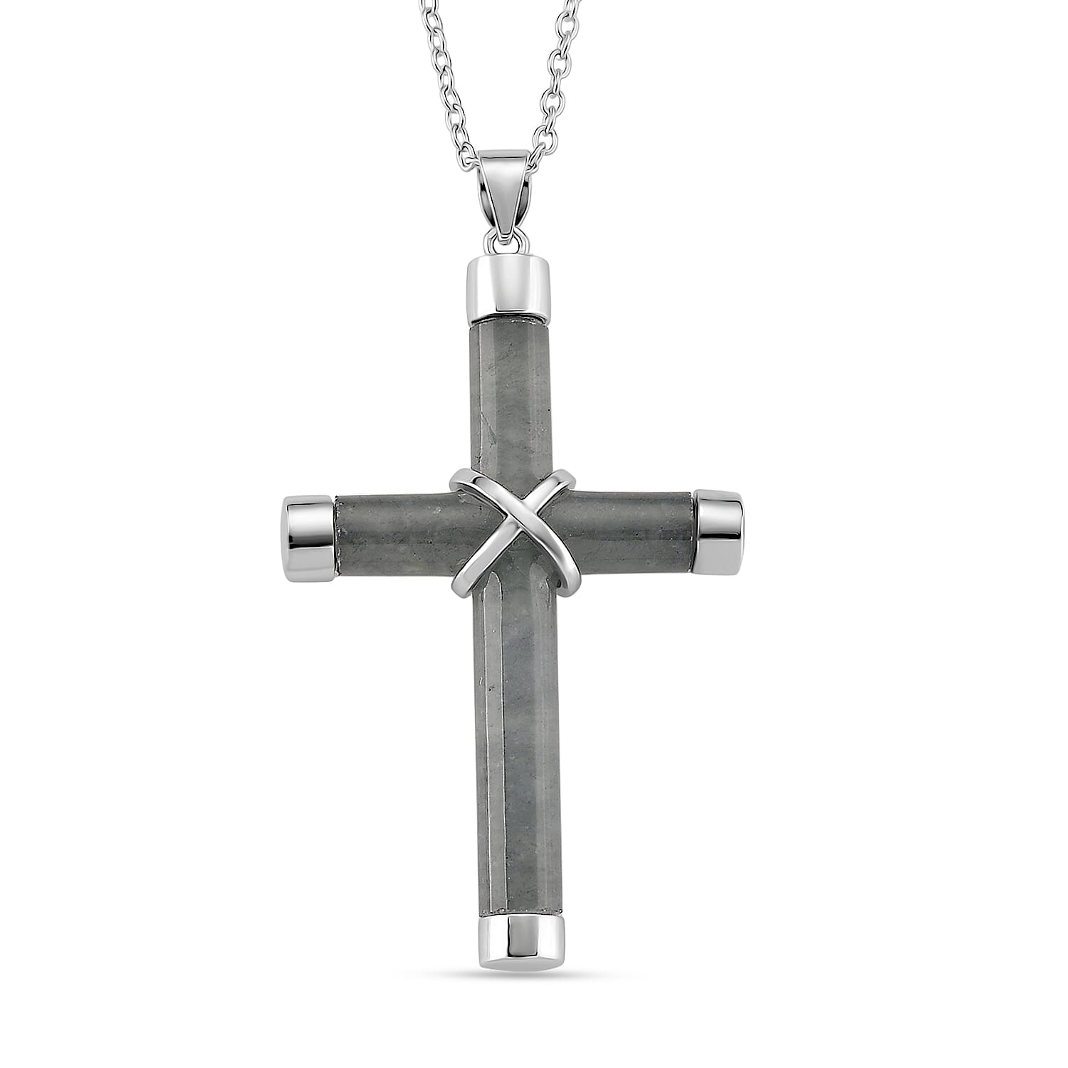Natural Type A Jadeite Cross Pendant with Chain (Size 20) with Lobster Clasp in Rhodium Overlay Sterling Silver 15.00 Ct.