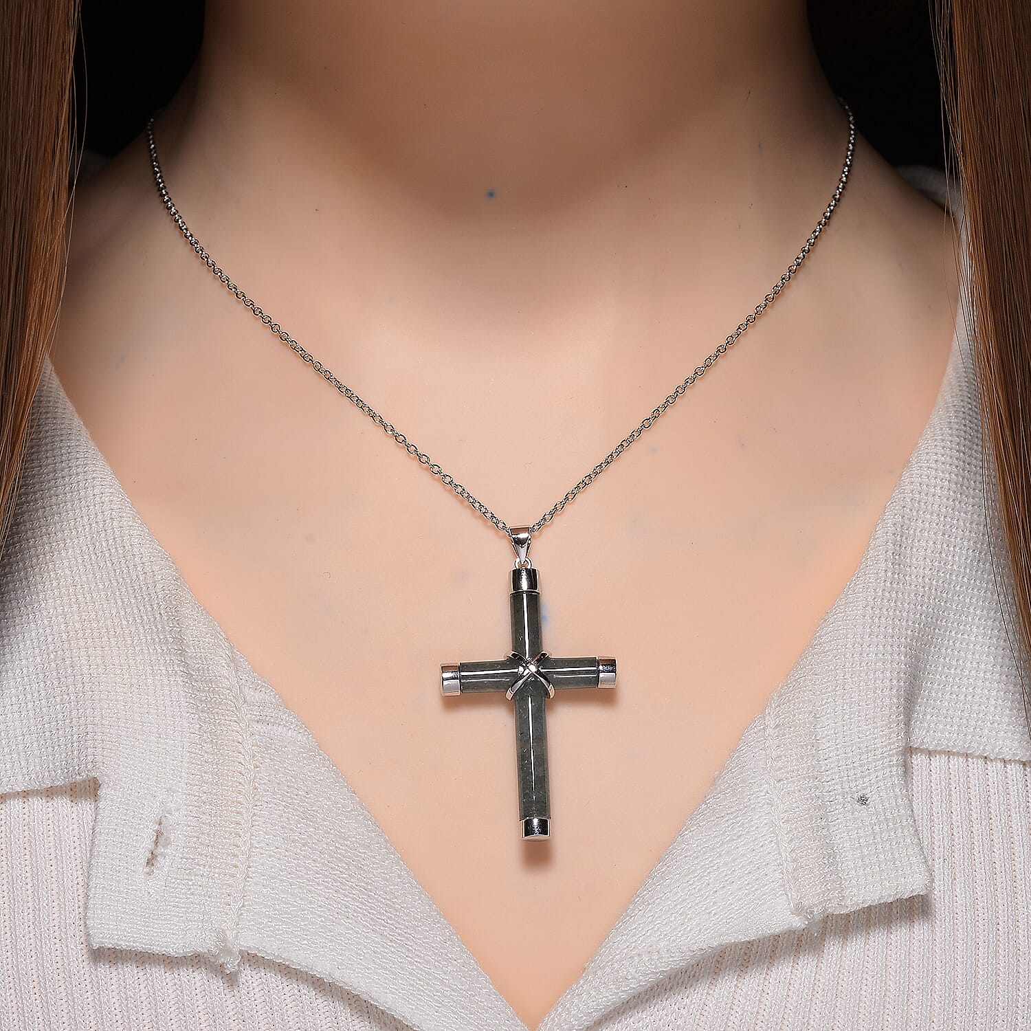Natural Type A Jadeite Cross Pendant with Chain (Size 20) with Lobster Clasp in Rhodium Overlay Sterling Silver 15.00 Ct.