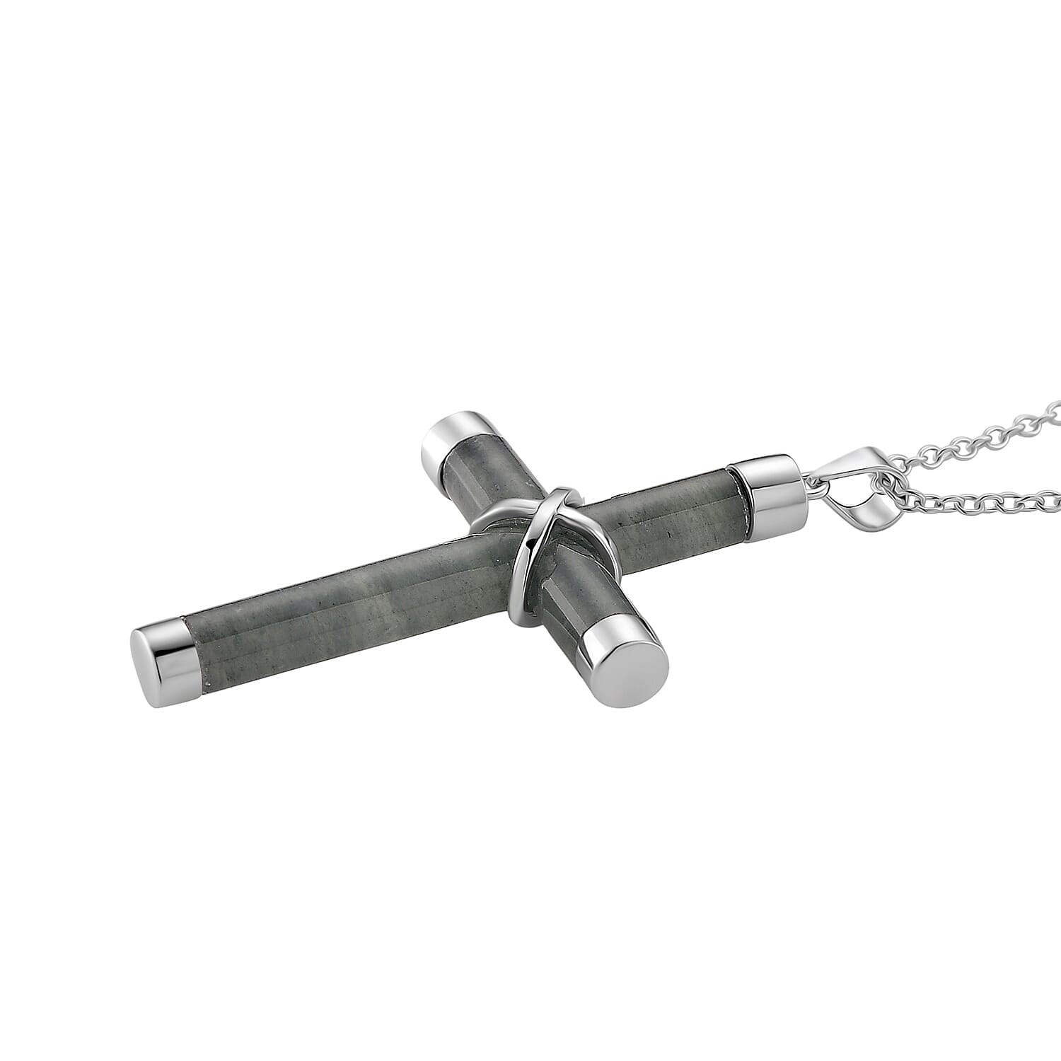 Natural Type A Jadeite Cross Pendant with Chain (Size 20) with Lobster Clasp in Rhodium Overlay Sterling Silver 15.00 Ct.