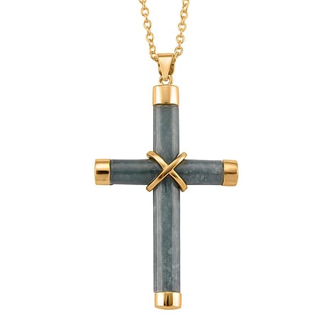 Natural Type A Jadeite Cross Pendant with Chain (Size 20) with Lobster Clasp in Yellow Gold Plating Sterling Silver 15.00 Ct.