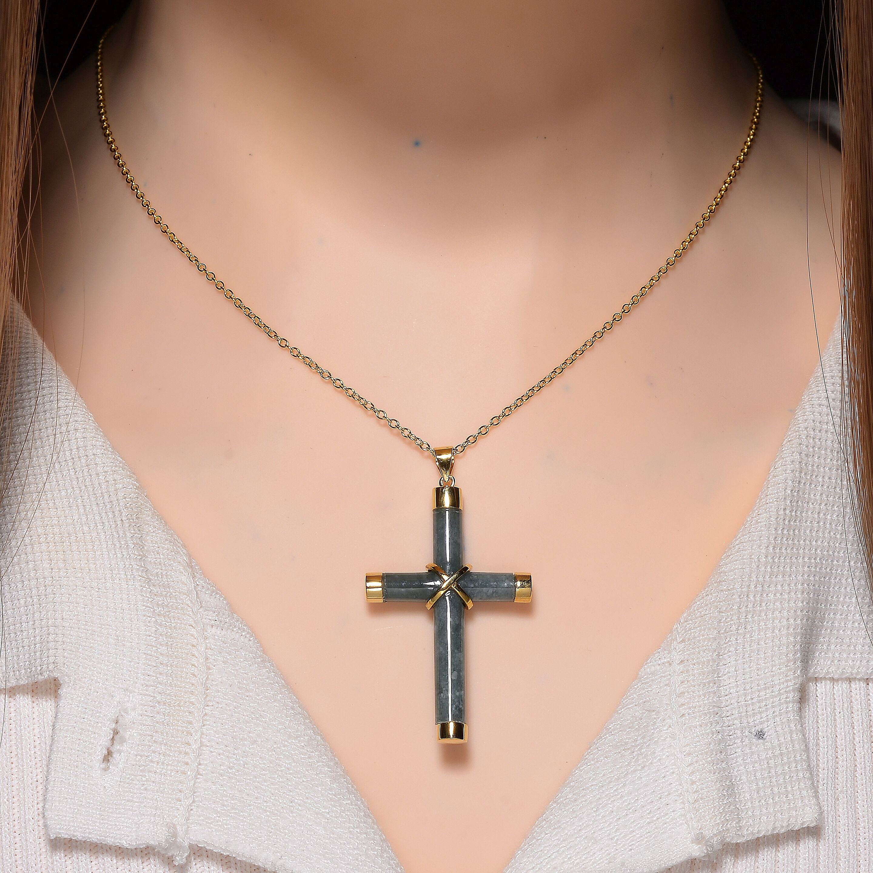 Natural Type A Jadeite Cross Pendant with Chain (Size 20) with Lobster Clasp in Yellow Gold Plating Sterling Silver 15.00 Ct.