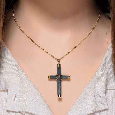 Natural Type A Jadeite Cross Pendant with Chain (Size 20) with Lobster Clasp in Yellow Gold Plating Sterling Silver 15.00 Ct.