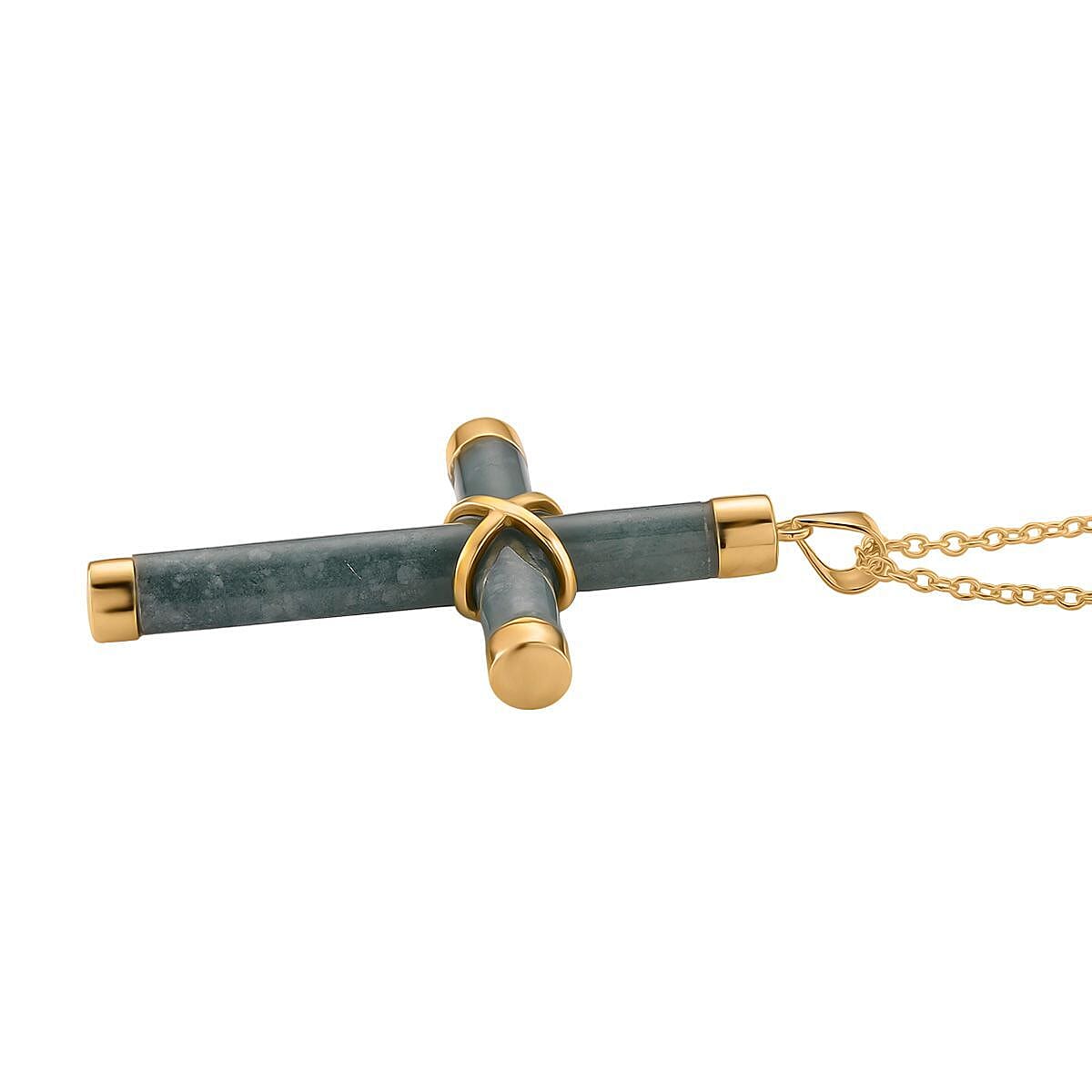 Natural Type A Jadeite Cross Pendant with Chain (Size 20) with Lobster Clasp in Yellow Gold Plating Sterling Silver 15.00 Ct.