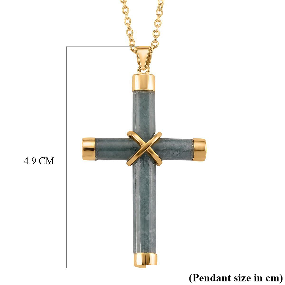 Natural Type A Jadeite Cross Pendant with Chain (Size 20) with Lobster Clasp in Yellow Gold Plating Sterling Silver 15.00 Ct.