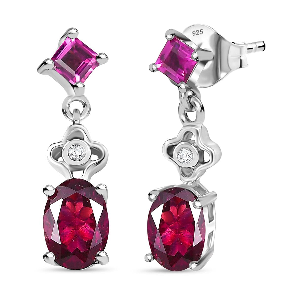 Djoy Orissa Rhodolite Garnet & White Zircon Dangling Earring with Push Back in Rhodium Overlay Sterling Silver 2.30 Ct.