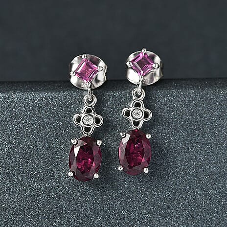 Djoy Orissa Rhodolite Garnet & White Zircon Dangling Earring with Push Back in Rhodium Overlay Sterling Silver 2.30 Ct.