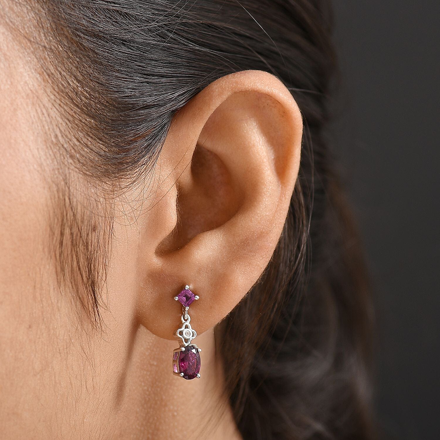 Djoy Orissa Rhodolite Garnet & White Zircon Dangling Earring with Push Back in Rhodium Overlay Sterling Silver 2.30 Ct.