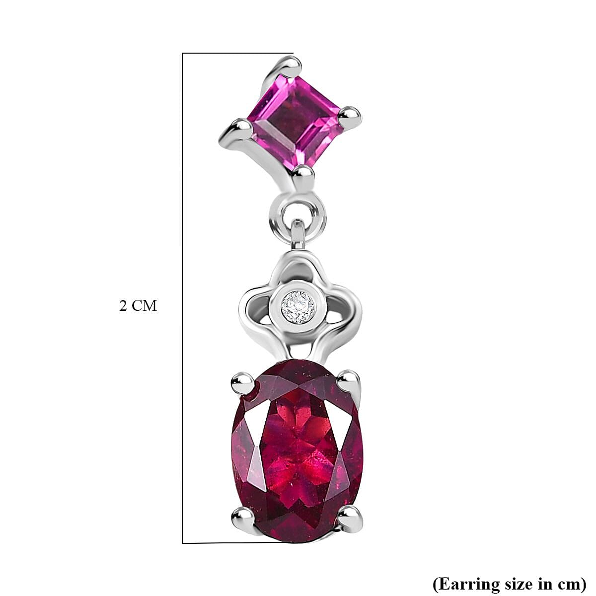 Djoy Orissa Rhodolite Garnet & White Zircon Dangling Earring with Push Back in Rhodium Overlay Sterling Silver 2.30 Ct.