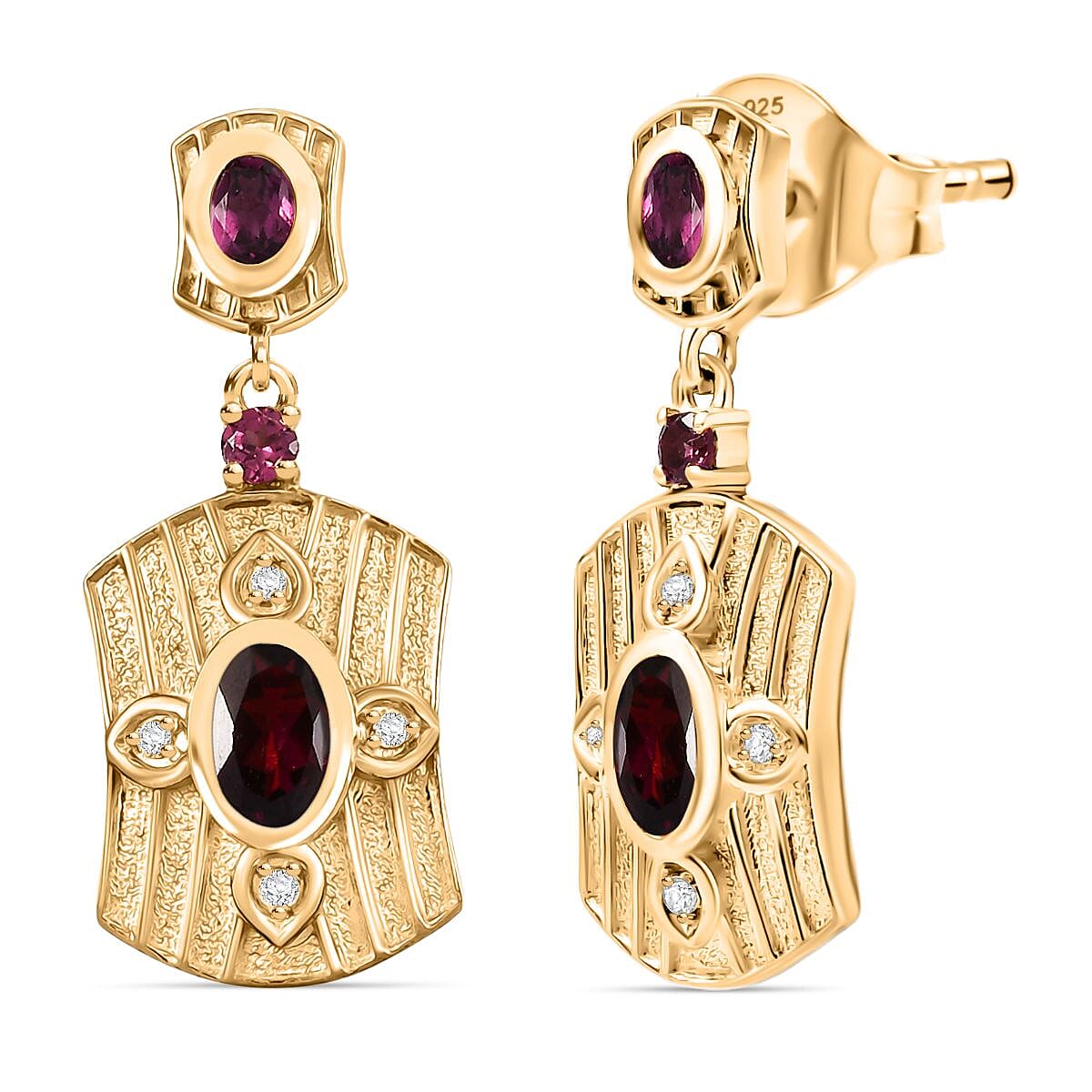 D'joy Orissa Rhodolite Garnet & White Zircon Dangling Earring with Push Back in 18K Yellow Gold Plating Sterling Silver 1.92 Ct, Silver Wt. 5.78 Gms.