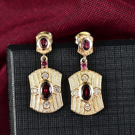 D'joy Orissa Rhodolite Garnet & White Zircon Dangling Earring with Push Back in 18K Yellow Gold Plating Sterling Silver 1.92 Ct, Silver Wt. 5.78 Gms.