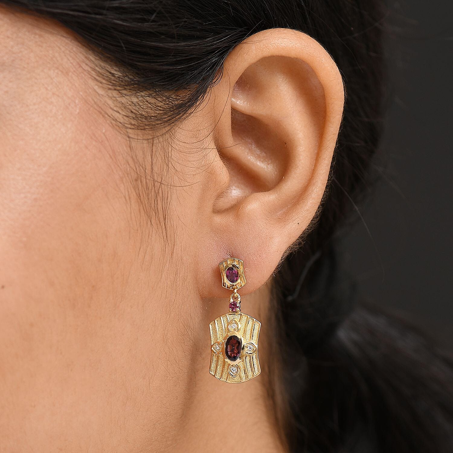D'joy Orissa Rhodolite Garnet & White Zircon Dangling Earring with Push Back in 18K Yellow Gold Plating Sterling Silver 1.92 Ct, Silver Wt. 5.78 Gms.