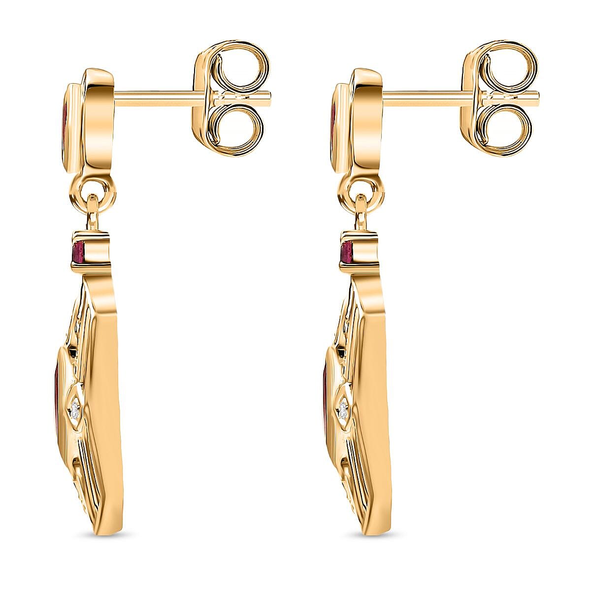 D'joy Orissa Rhodolite Garnet & White Zircon Dangling Earring with Push Back in 18K Yellow Gold Plating Sterling Silver 1.92 Ct, Silver Wt. 5.78 Gms.