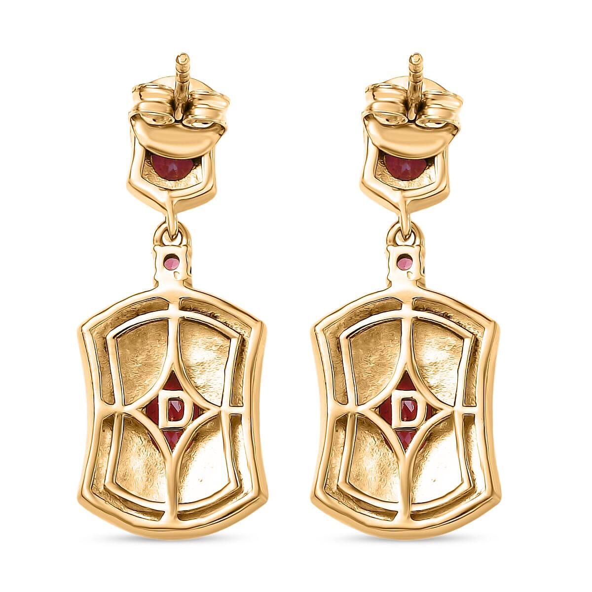D'joy Orissa Rhodolite Garnet & White Zircon Dangling Earring with Push Back in 18K Yellow Gold Plating Sterling Silver 1.92 Ct, Silver Wt. 5.78 Gms.