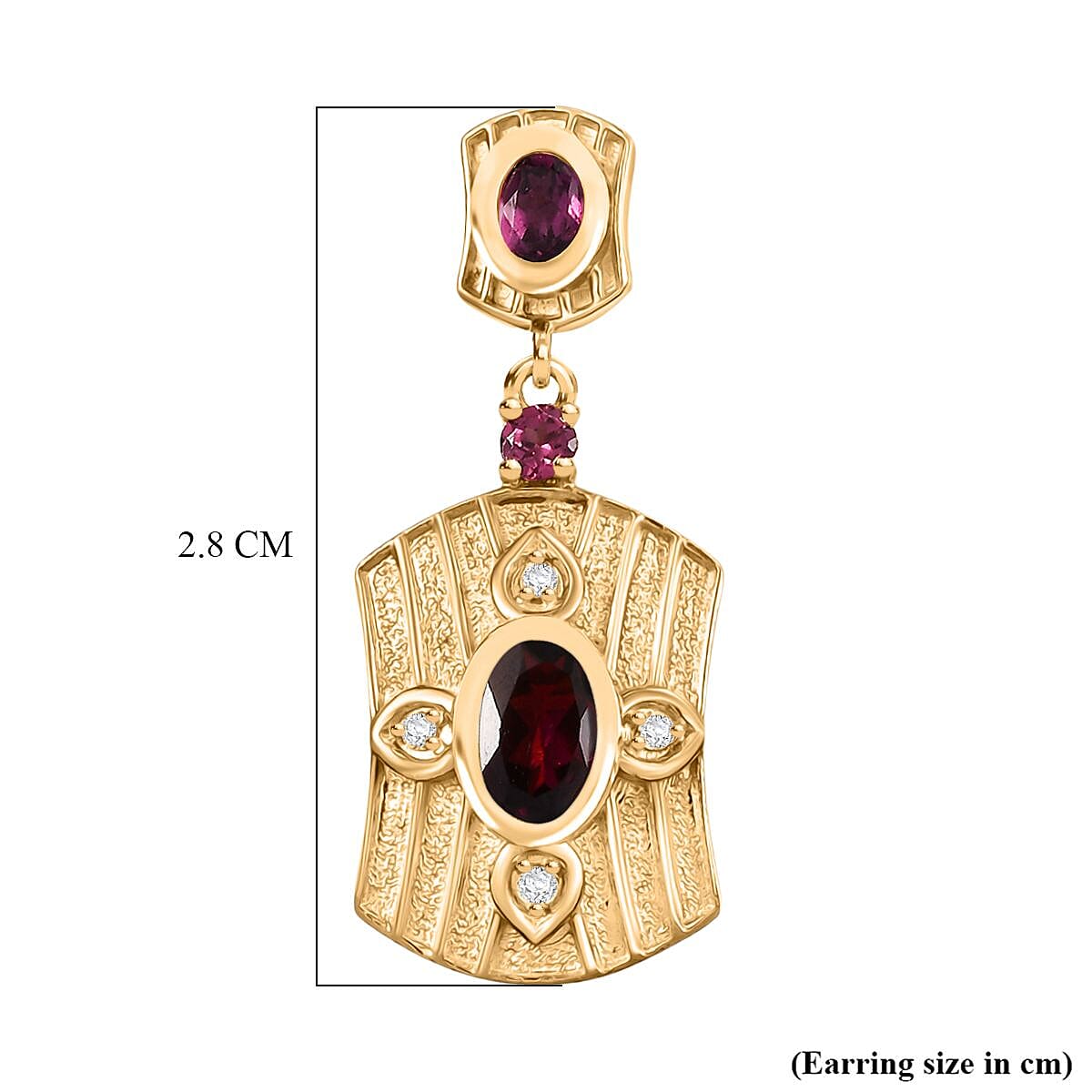 D'joy Orissa Rhodolite Garnet & White Zircon Dangling Earring with Push Back in 18K Yellow Gold Plating Sterling Silver 1.92 Ct, Silver Wt. 5.78 Gms.