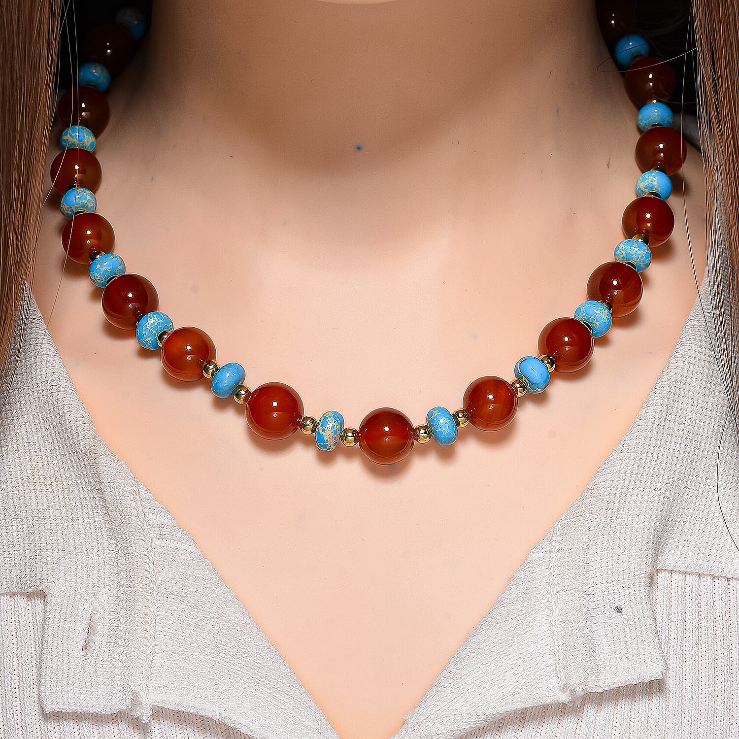Pueblo Style Collection Launch - Ruby Agate & Blue Imperial Jasper Necklace (Size 18 - 2) in Yellow Gold Overlay 230.00 Ct.