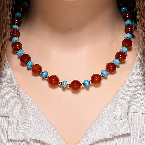 Red Agate & Blue Imperial Jasper Necklace (Size 18 - 2) in Yellow Gold Plating 230.00 Ct.