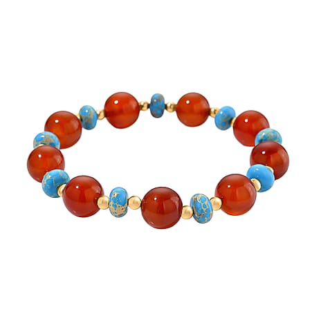 Red Agate & Blue Imperial Jasper Bracelet (Size 7.5 Strechable) in Yellow Gold Tone 110.00 Ct.