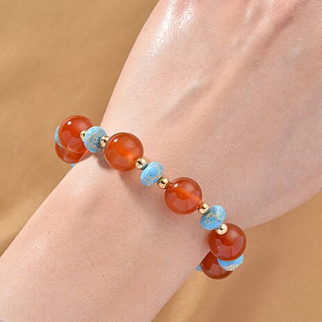 Red Agate & Blue Imperial Jasper Bracelet (Size 7.5 Strechable) in Yellow Gold Tone 110.00 Ct.