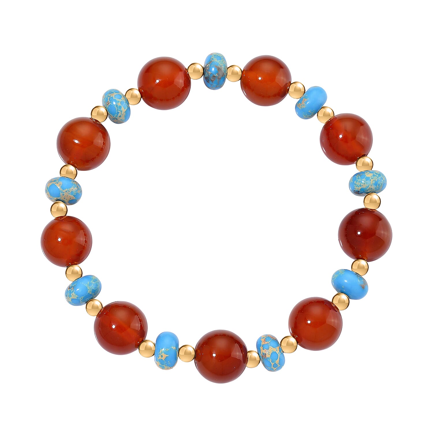 Pueblo Style Collection Launch - Ruby Agate & Blue Imperial Jasper Bracelet (Size 7.5 Strechable) in Yellow Gold Overlay 110.00 Ct.