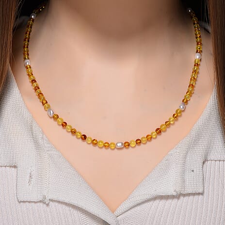 Multi Colour Baltic Amber & Fresh Water Pearl  Necklace (Size - 20) with Screw Clasp 35.00 Ct.