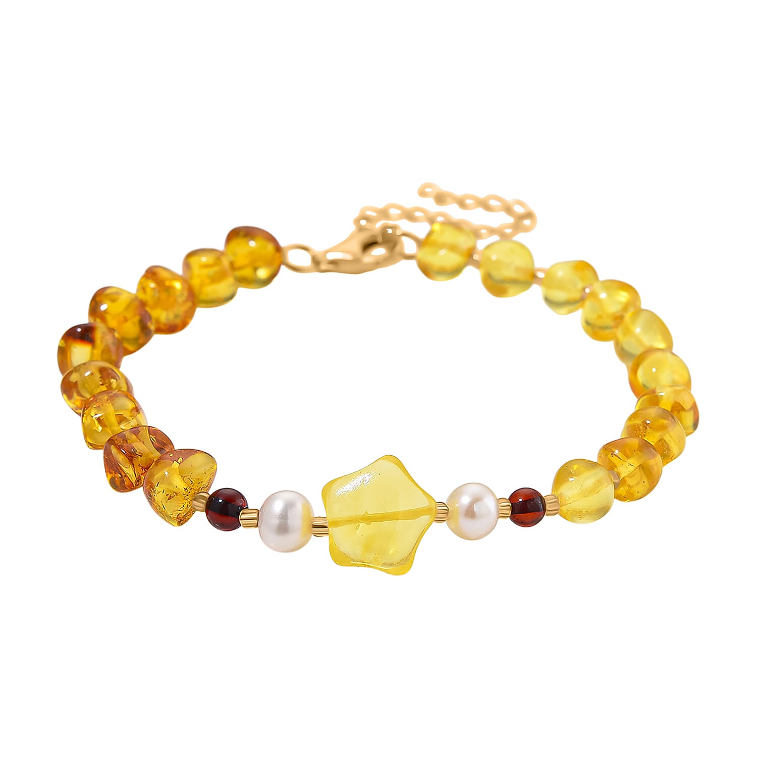 D'Joy Multi Colour Amber & White Fresh Water Pearl Bracelet (Size - 7.5 - 2 Ext) with Lobster Clasp in Yellow Gold Plating Sterling Silver 17.9 Ct.